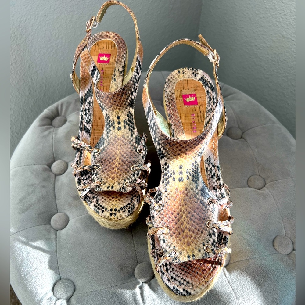 New Elaine Turner Cork Wedge Snakeskin Sandal - Size 10